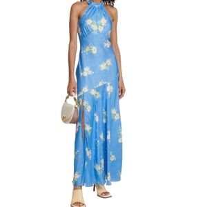 Love Shack Fancy Brinda Floral Halter Neckline Maxi Dress Sky Blue Size 6